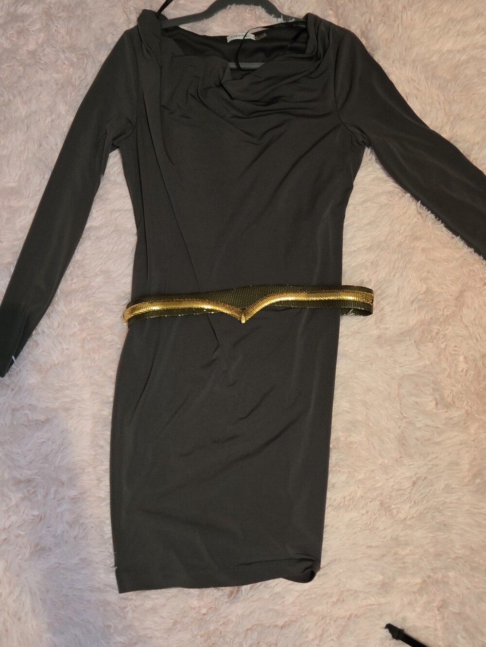 Calvin Klein Brown Long Sleeve Draped Neck Dress With Belt